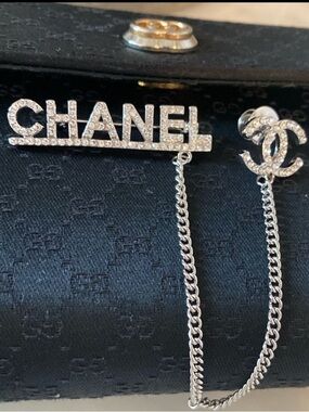 CHANEL Silver Double Logo Chain Brooch / Pin EUC